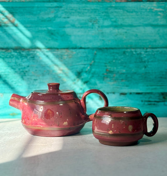 Teapot + Tea cup set - Pink stripped