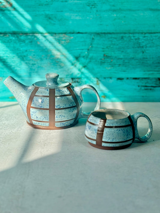 Teapot + Tea cup set -  Blue Checkered